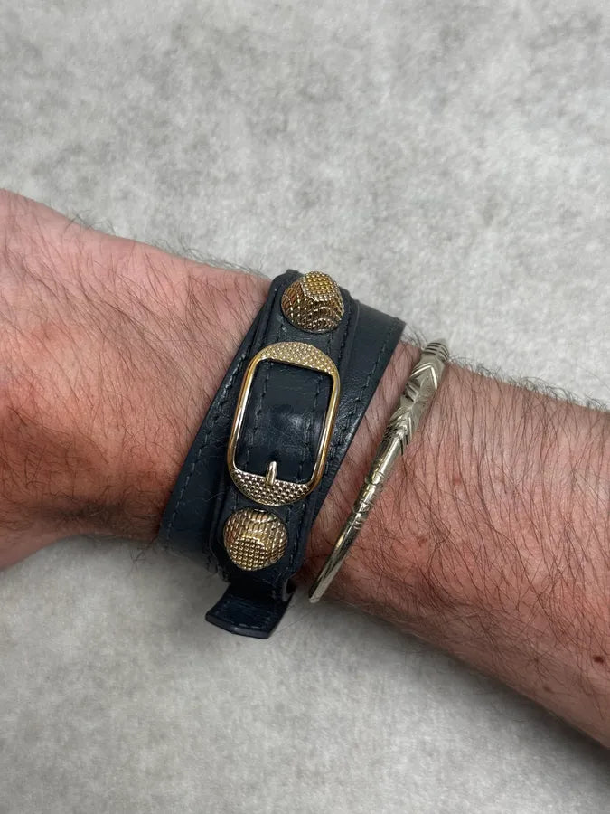 Balenciaga Dark Navy Gold-Studded Leather Wrap Bracelet XAPmmxE 2