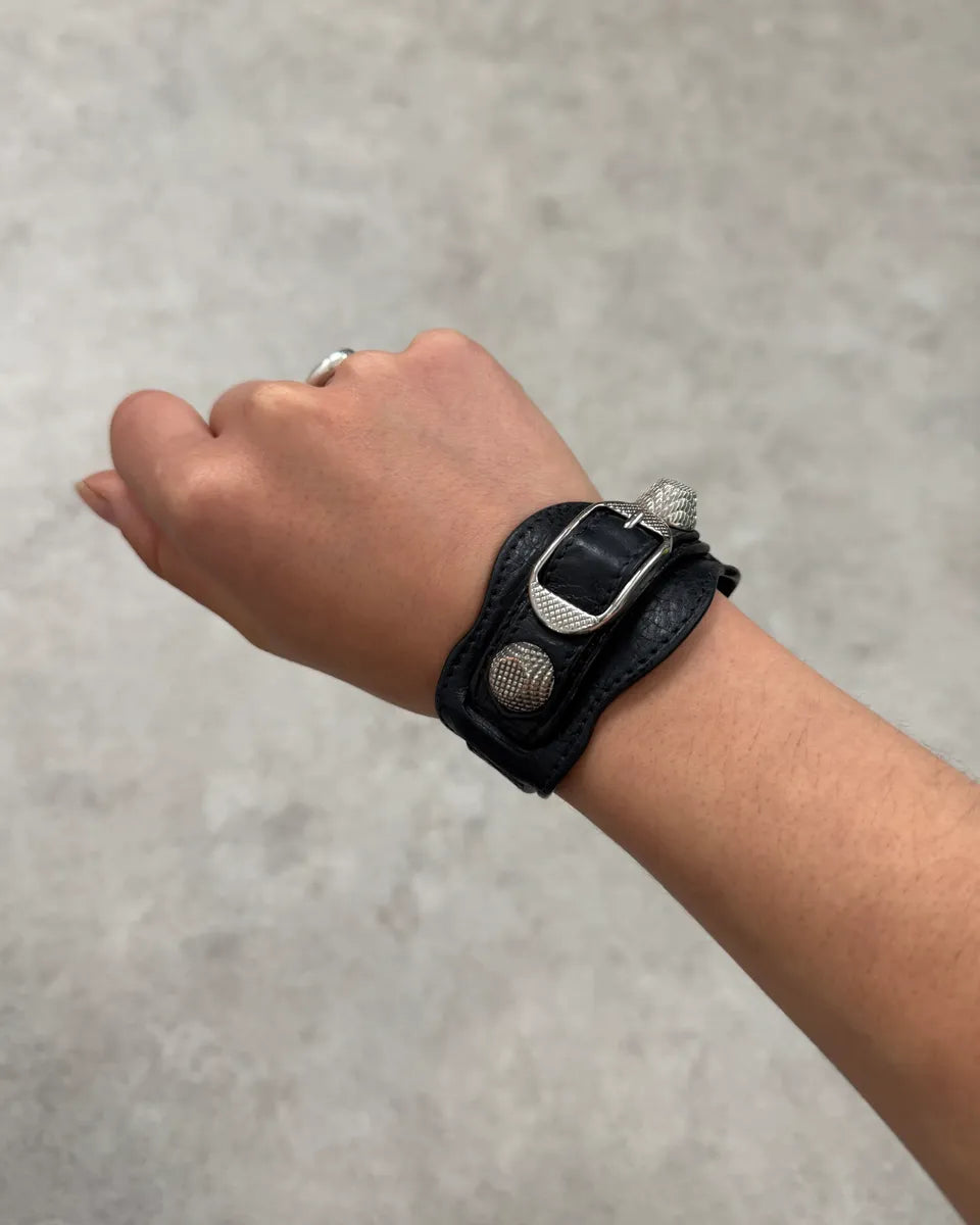 Balenciaga Black Leather Studded Bracelet KMTamty 0
