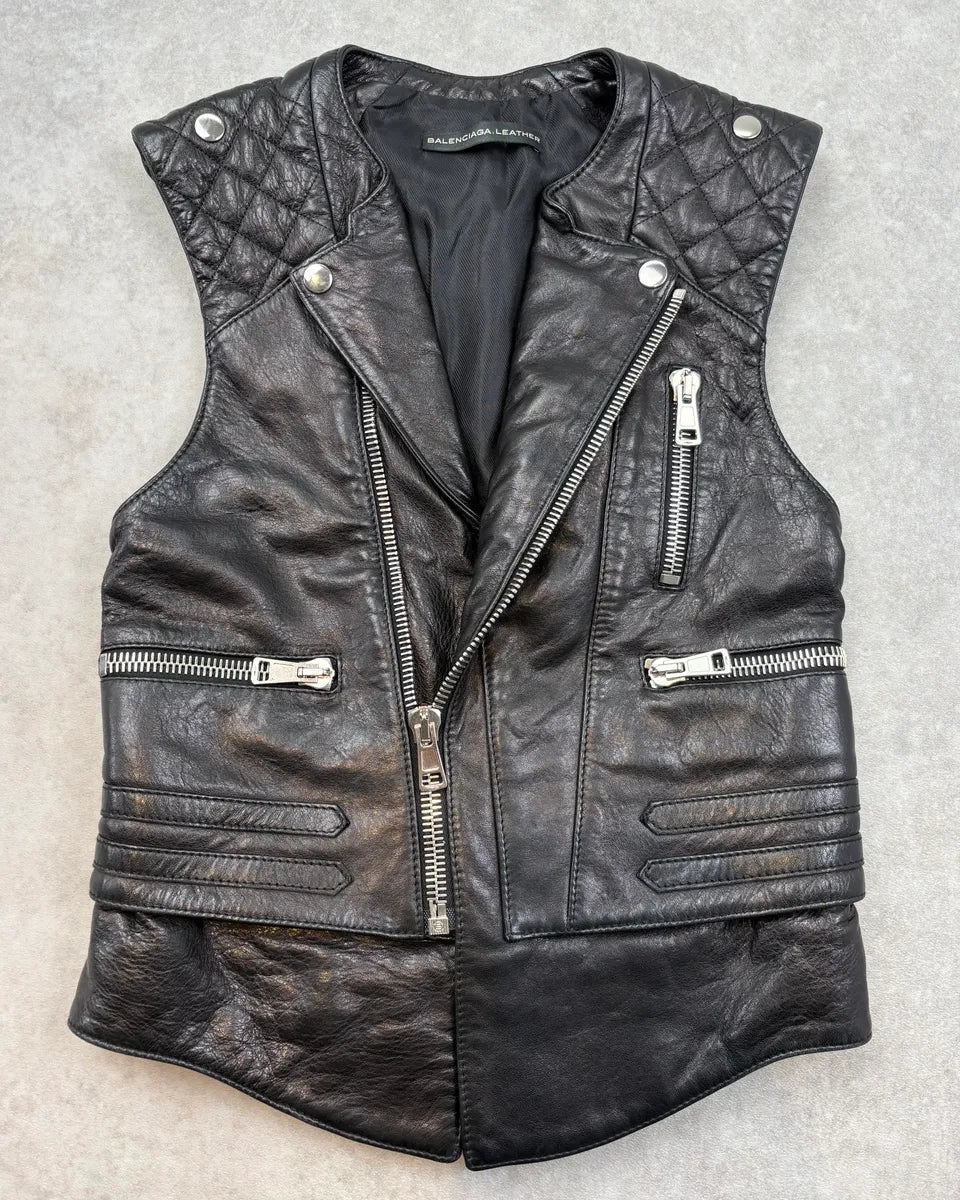 SS2011 Balenciaga Black Quilted Leather Biker Vest kjbHVPn 0