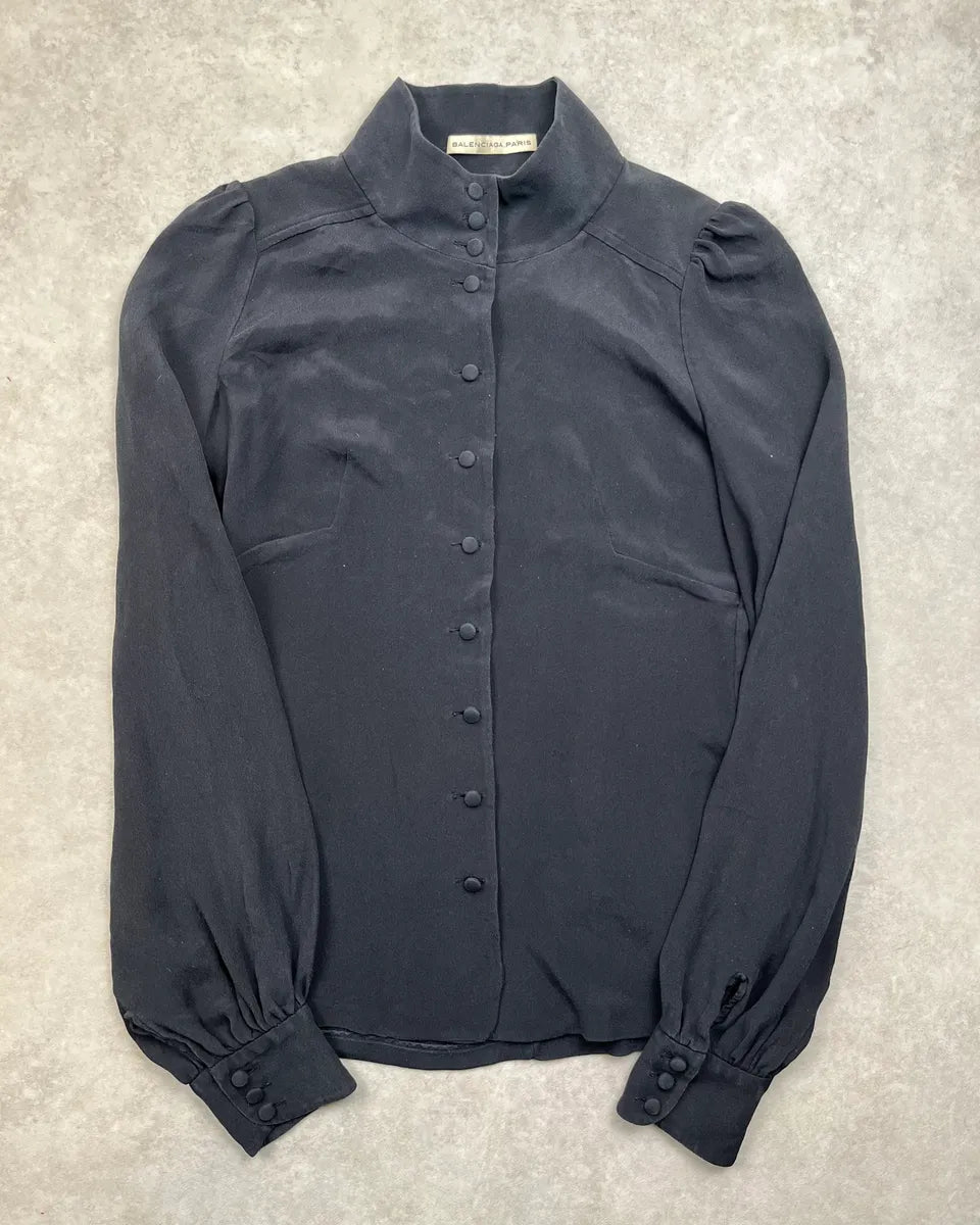 SS2007 Balenciaga Black Silk Button-Up Blouse Shirt UVKiKGr 2