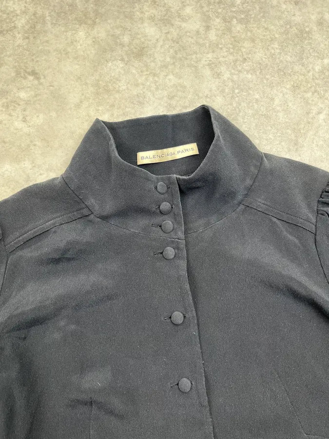 SS2007 Balenciaga Black Silk Button-Up Blouse Shirt UVKiKGr 3