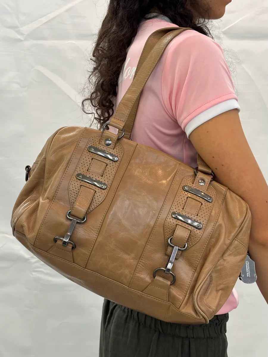 2000s Balenciaga Camel Leather Perforated Handle Bag aeFAkZg 2