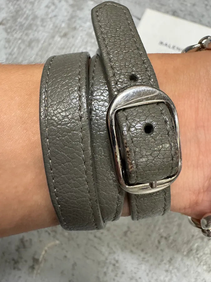 Balenciaga City Grey Olive Leather Studded Bracelet dLVrAmM 3