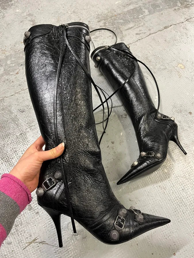 Balenciaga City Studded Cagole 90 Black Heels Boots rNmeIwP 1