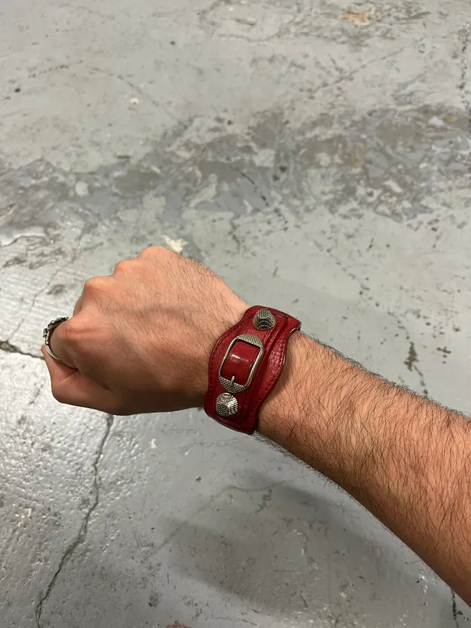 Balenciaga City Studded Red Leather Armband Bracelet MxWboTO 0