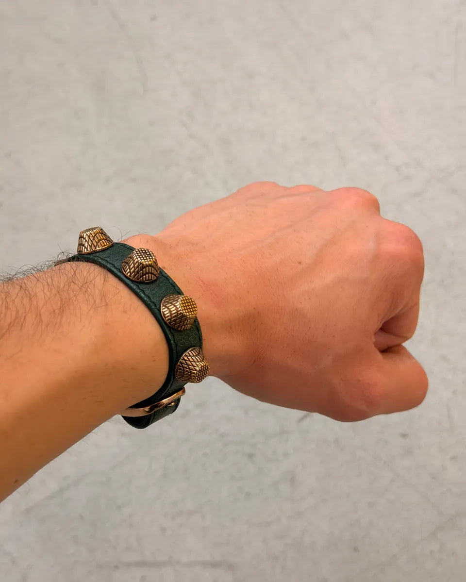 Balenciaga Dark Green Leather Studded Bracelet HsODGuY 0