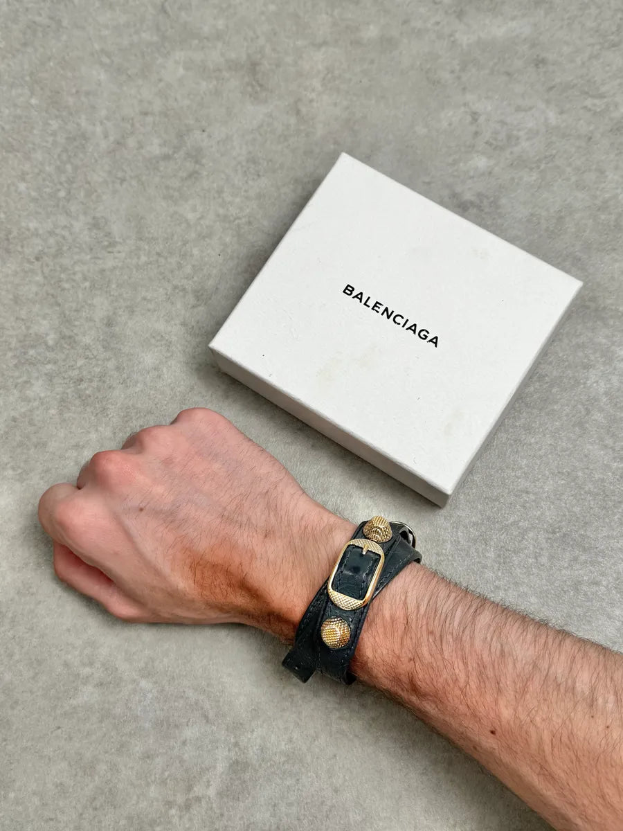 Balenciaga Dark Navy Gold-Studded Leather Wrap Bracelet XAPmmxE 0