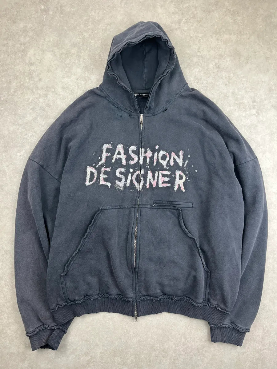 Balenciaga Faded Black Fashion Designer Distressed Zip-up Hoodie QMRCaPK 0