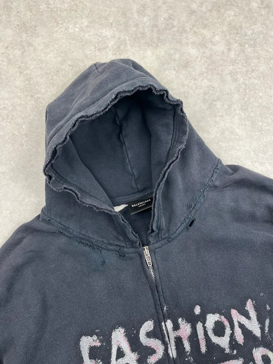 Balenciaga Faded Black Fashion Designer Distressed Zip-up Hoodie QMRCaPK 5