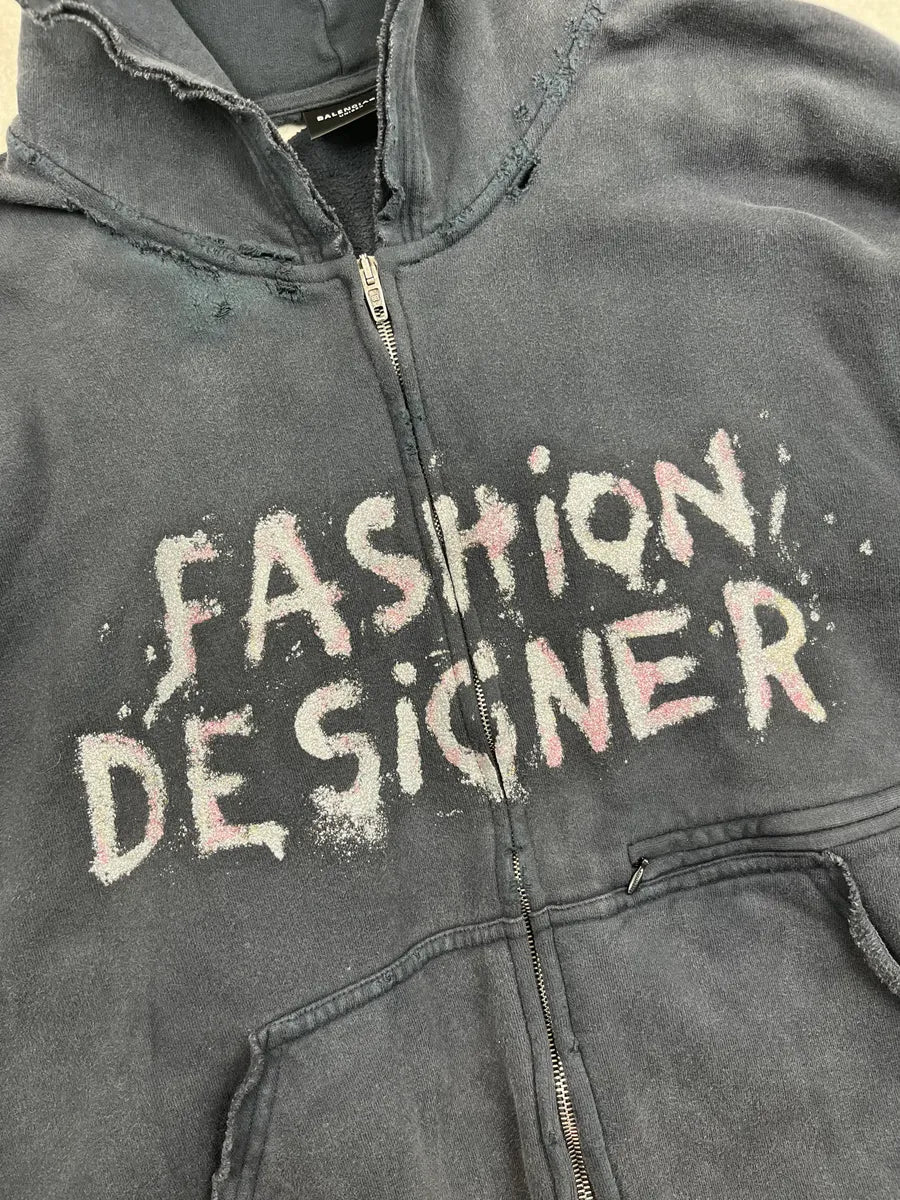 Balenciaga Faded Black Fashion Designer Distressed Zip-up Hoodie QMRCaPK 8