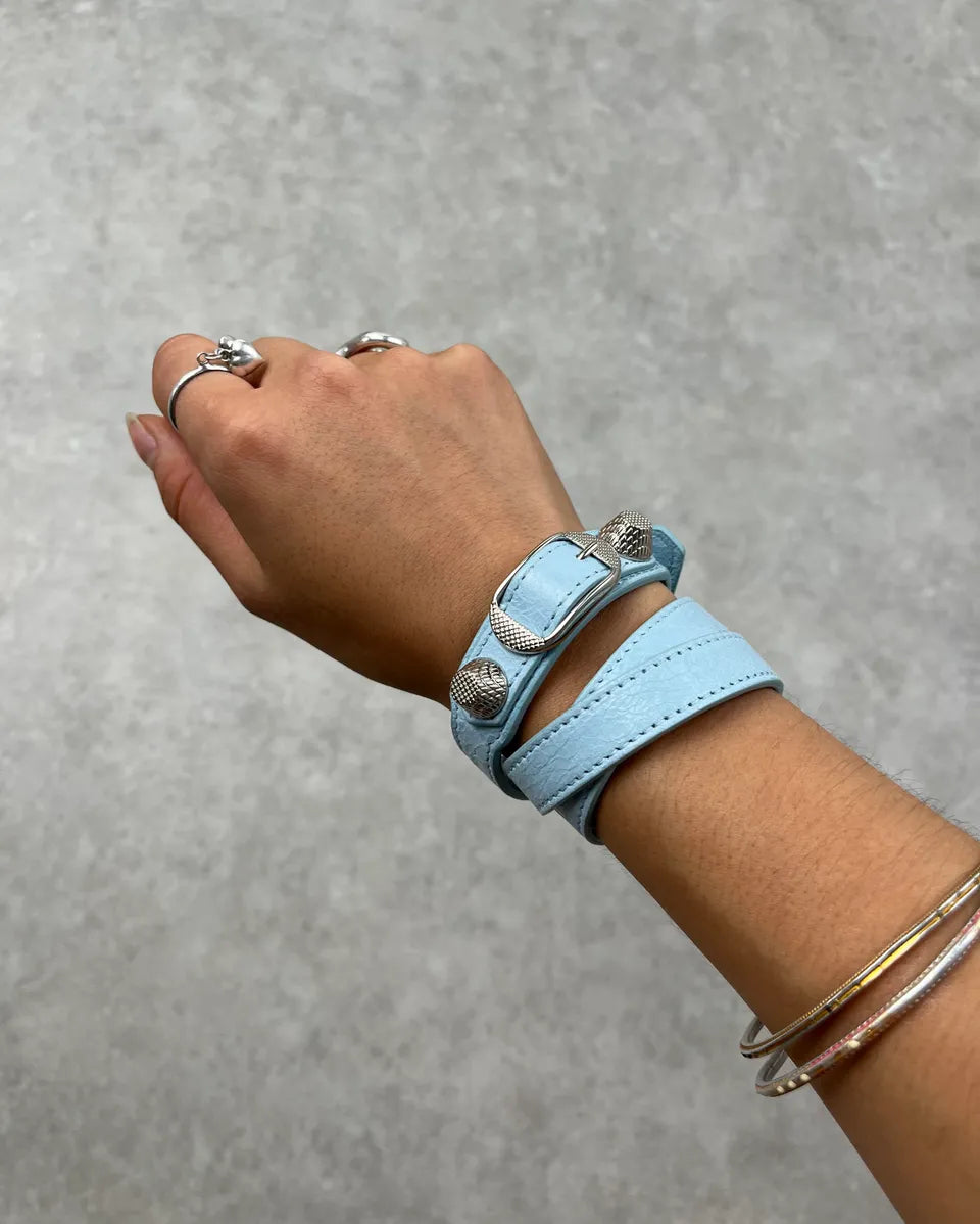 Balenciaga Ice Blue Leather Double Tour Studded Bracelet iqfHsyz 0