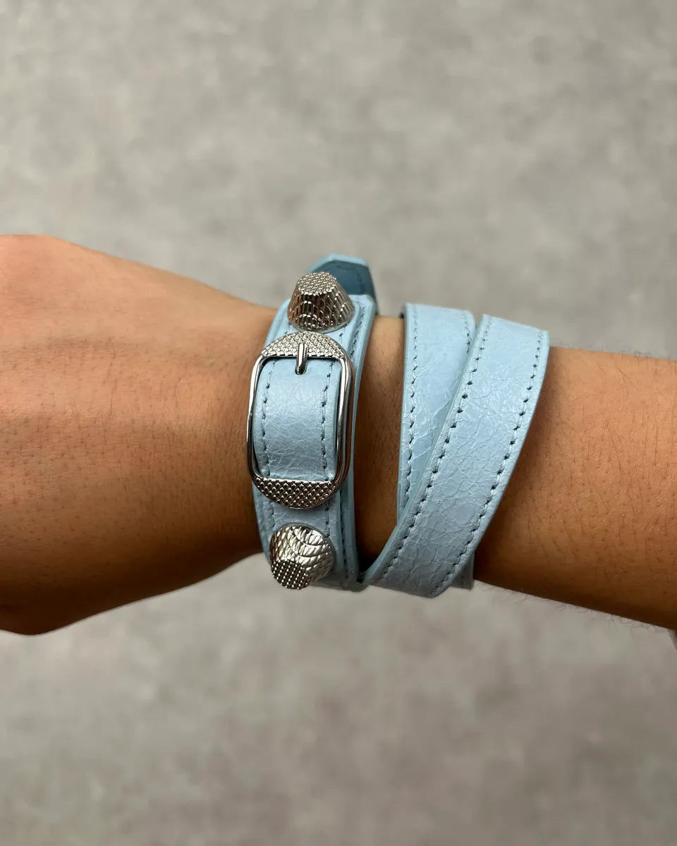 Balenciaga Ice Blue Leather Double Tour Studded Bracelet iqfHsyz 2