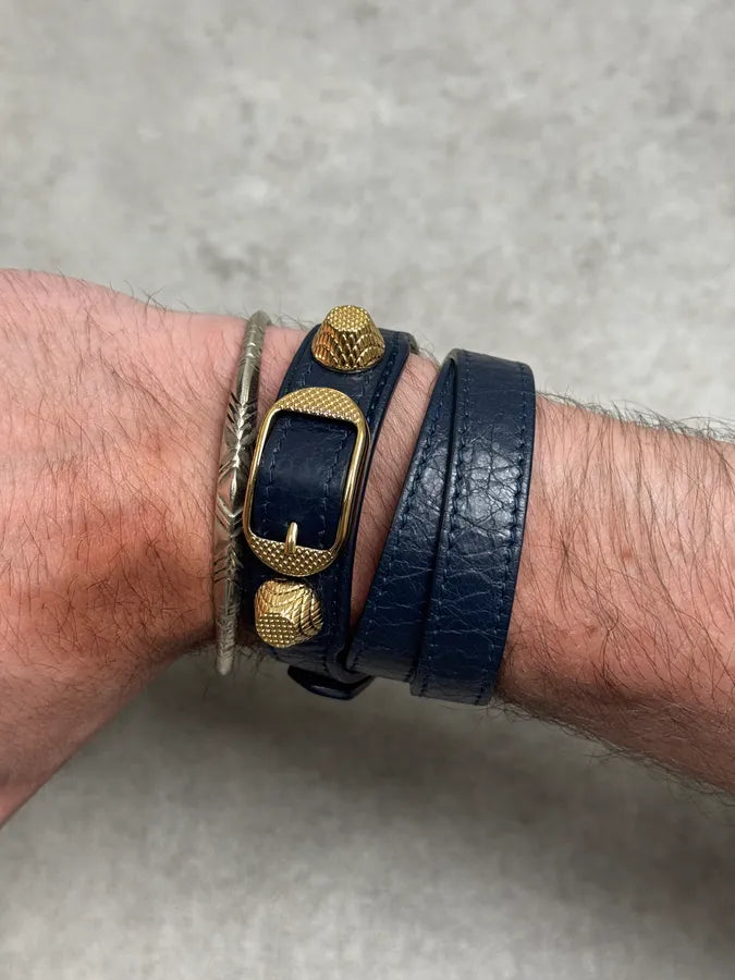 Balenciaga Navy & Gold Studded Cuff Leather Bracelet ZgnbVOv 4