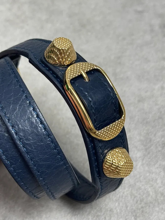 Balenciaga Navy & Gold Studded Cuff Leather Bracelet ZgnbVOv 3