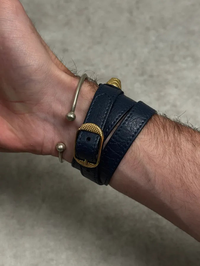 Balenciaga Navy & Gold Studded Cuff Leather Bracelet ZgnbVOv 5