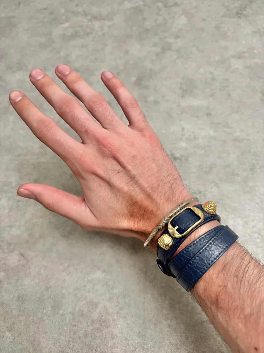 Balenciaga Navy & Gold Studded Cuff Leather Bracelet ZgnbVOv 0
