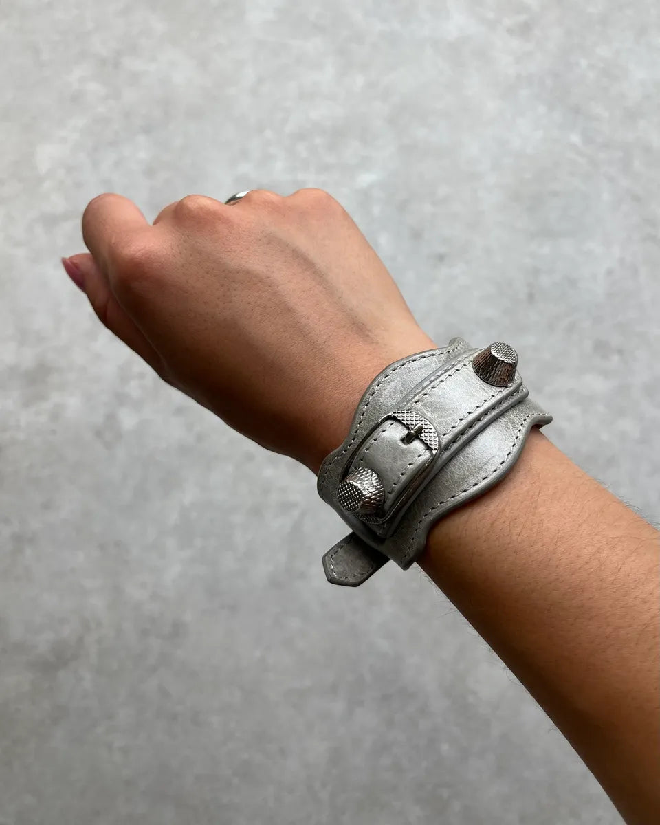 Balenciaga Silver Grey Leather Studded City Bracelet PKDAmte 0