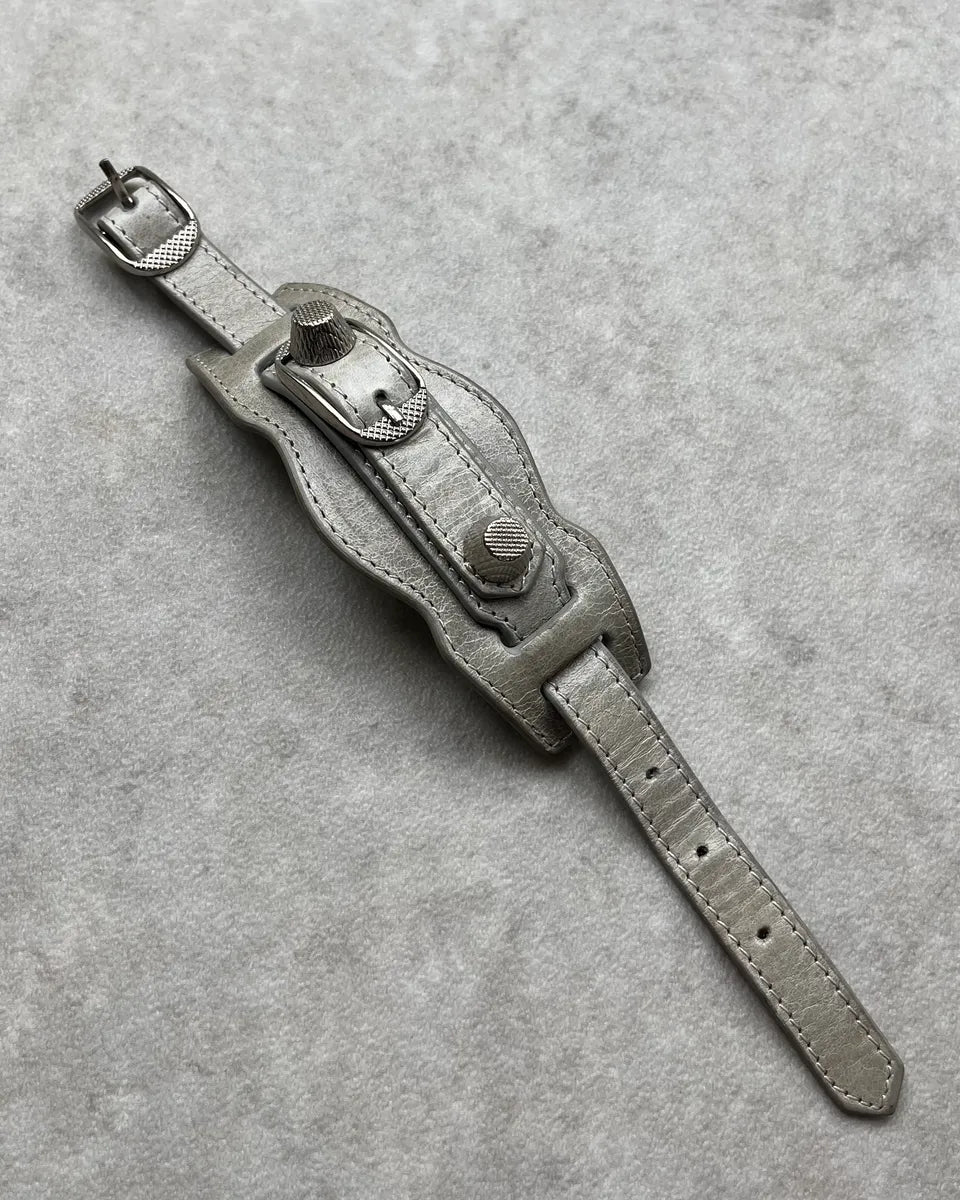 Balenciaga Silver Grey Leather Studded City Bracelet PKDAmte 1
