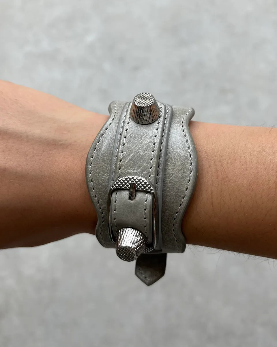 Balenciaga Silver Grey Leather Studded City Bracelet PKDAmte 2