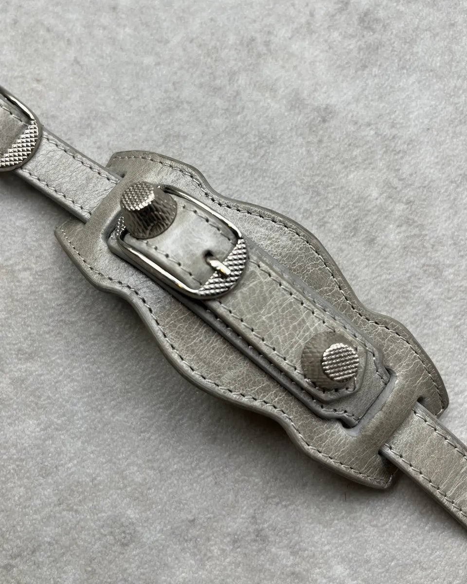 Balenciaga Silver Grey Leather Studded City Bracelet PKDAmte 4