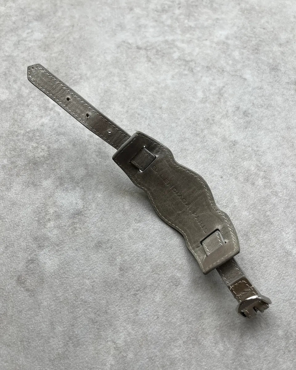 Balenciaga Silver Grey Leather Studded City Bracelet PKDAmte 5