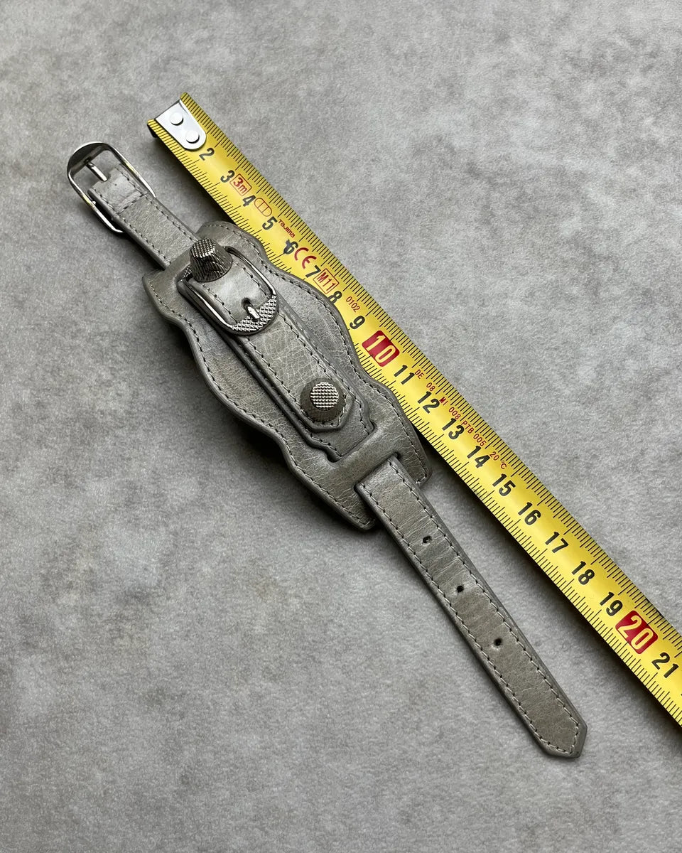 Balenciaga Silver Grey Leather Studded City Bracelet PKDAmte 7