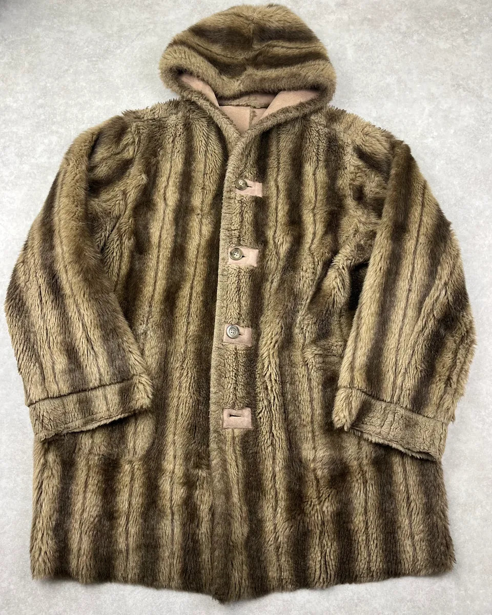 Balmain Beige Faux Fur & Brown Leather Reversible Hooded Coat IqwymKz 0