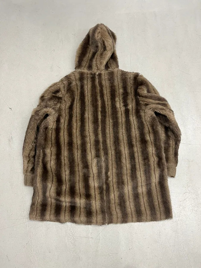 Balmain Beige Faux Fur & Brown Leather Reversible Hooded Coat IqwymKz 9