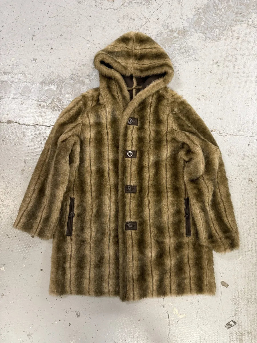 Balmain Beige Faux Fur & Brown Leather Reversible Hooded Coat oXjbKPE 0