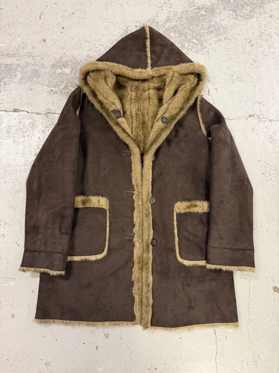 Balmain Beige Faux Fur & Brown Leather Reversible Hooded Coat oXjbKPE 1