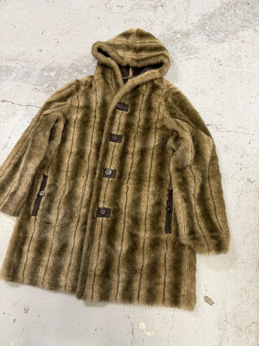 Balmain Beige Faux Fur & Brown Leather Reversible Hooded Coat oXjbKPE 4