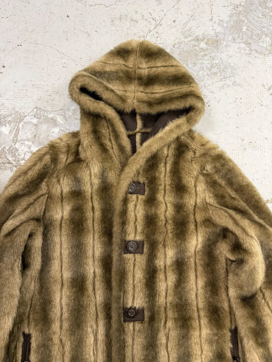 Balmain Beige Faux Fur & Brown Leather Reversible Hooded Coat oXjbKPE 5