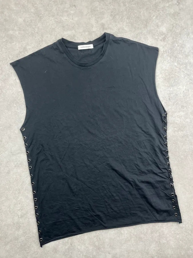 Pierre Balmain Black Cotton Lace-Up Side Tank Top uPsyEyJ 4