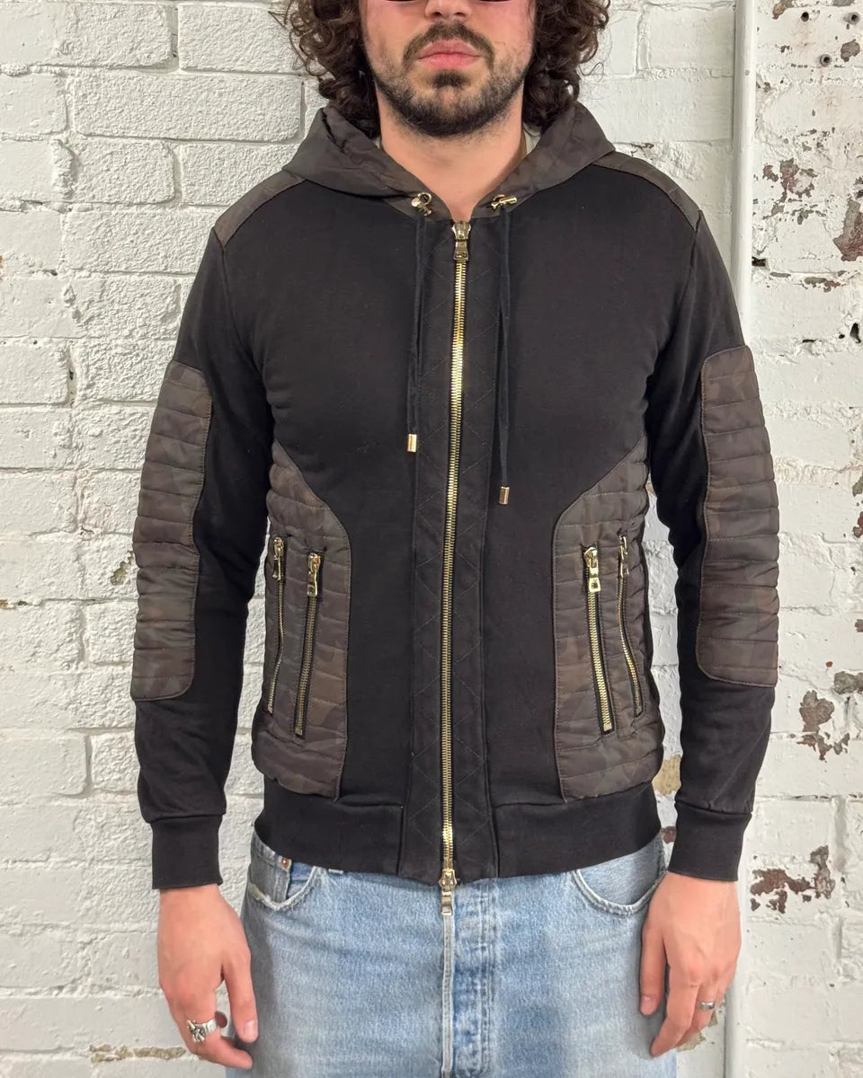 Balmain Black Cotton Quilted Biker Zip Hoodie Jedxawe 1