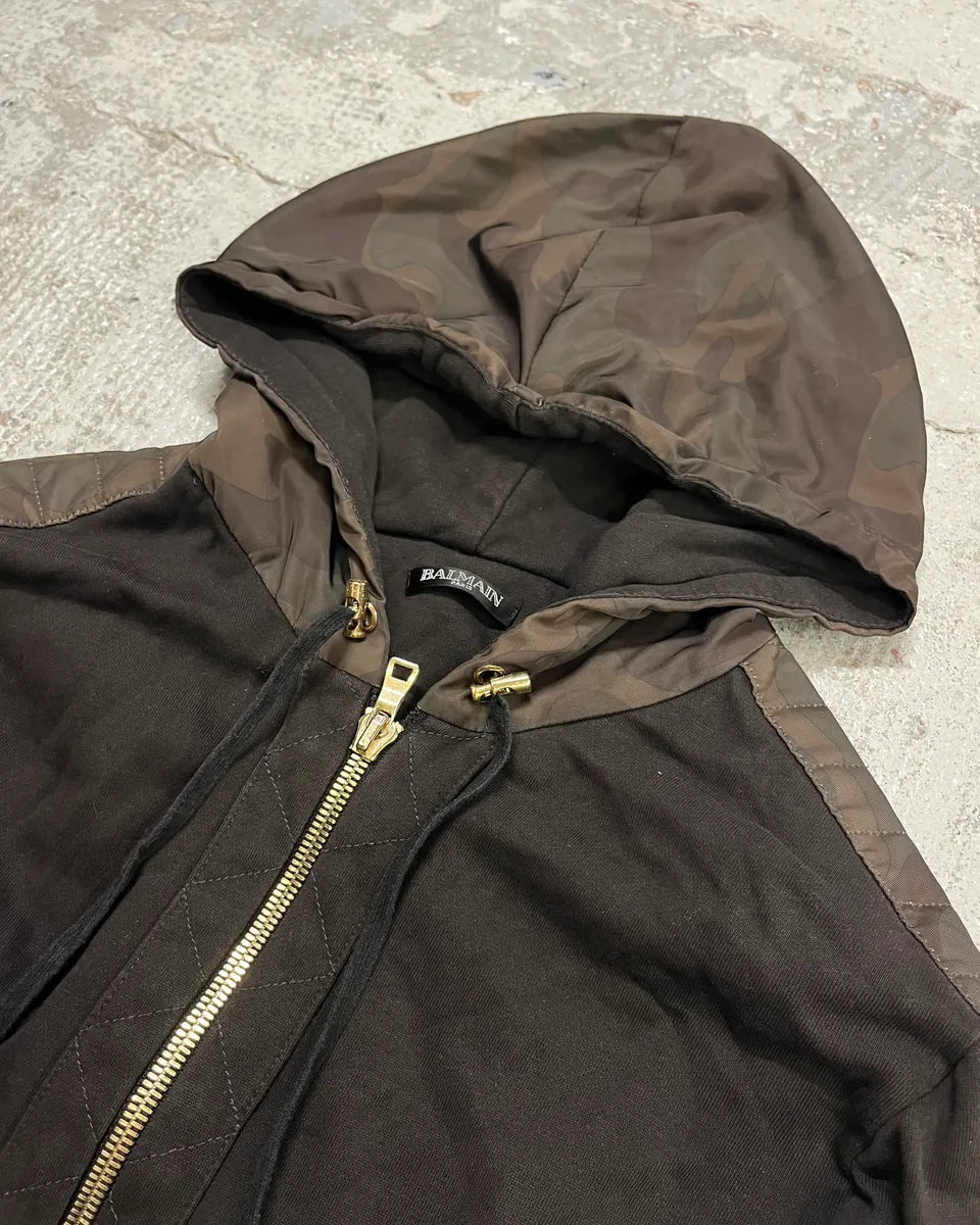 Balmain Black Cotton Quilted Biker Zip Hoodie Jedxawe 4
