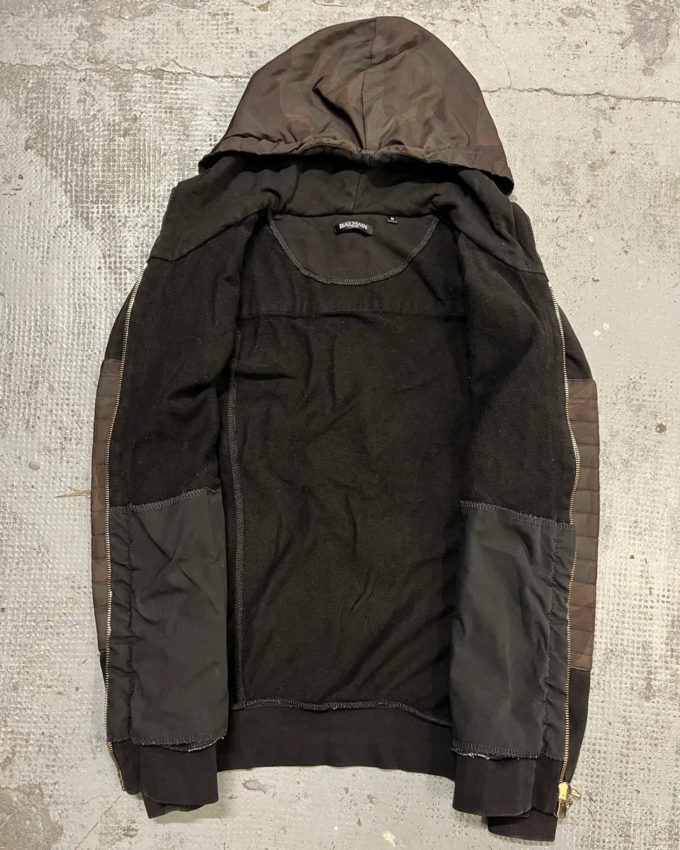 Balmain Black Cotton Quilted Biker Zip Hoodie Jedxawe 7