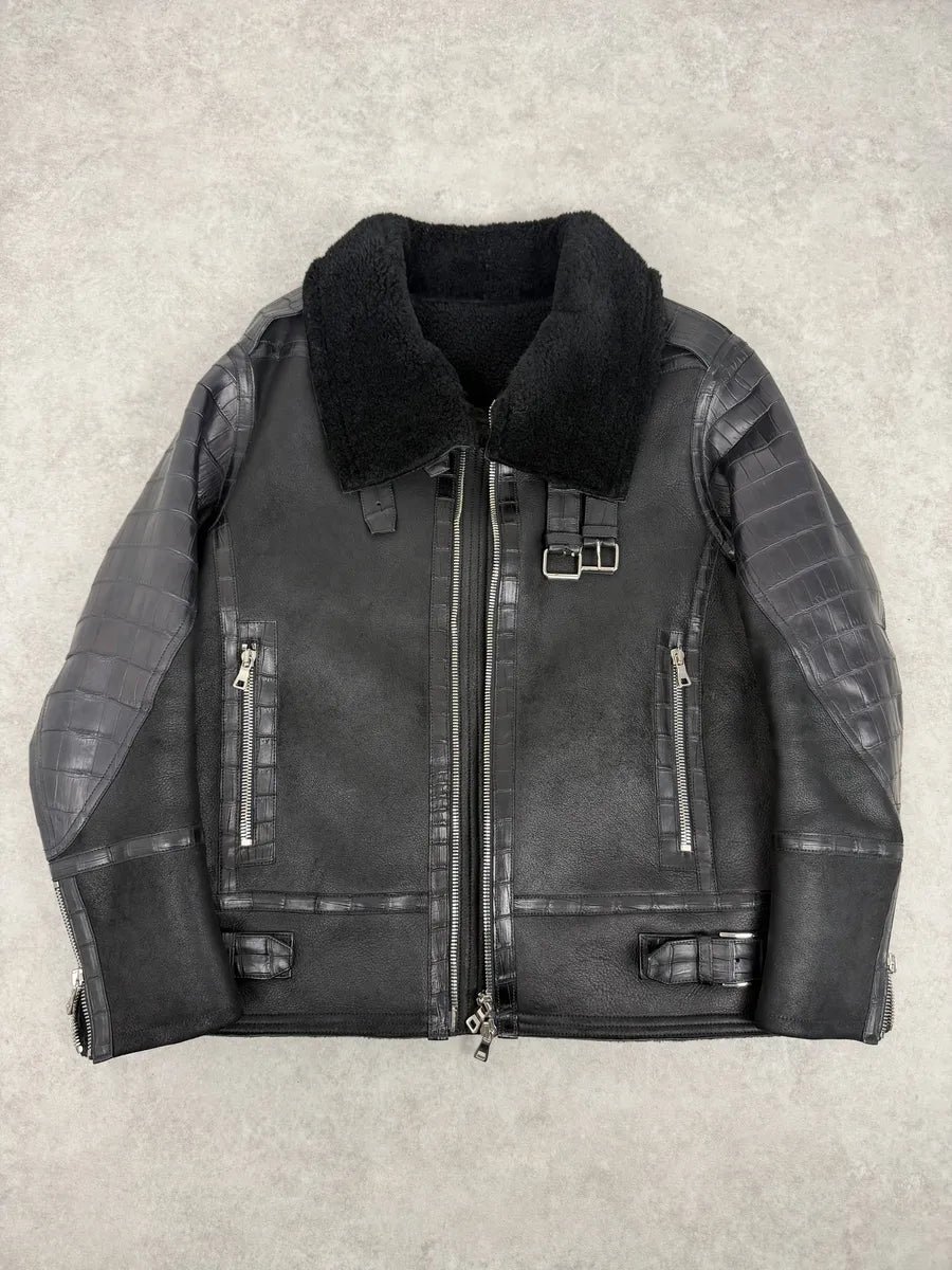 Balmain Black Crocodile Leather Aviator Shearling Jacket  qvApQVj 0