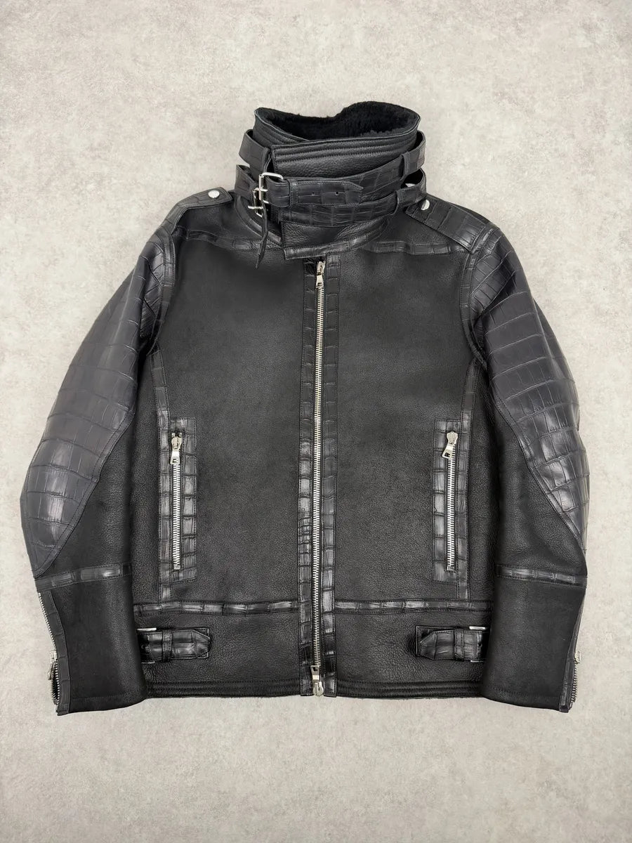 Balmain Black Crocodile Leather Aviator Shearling Jacket  qvApQVj 1