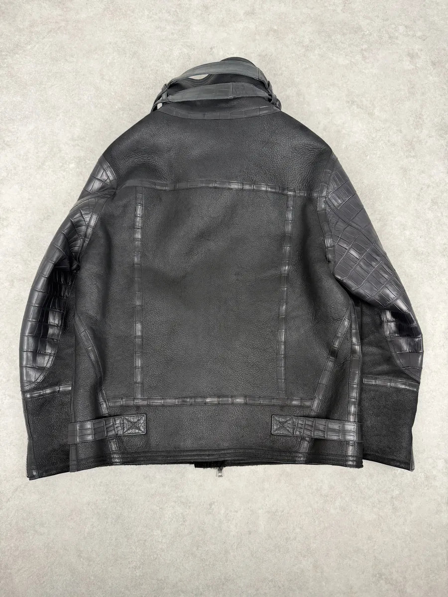 Balmain Black Crocodile Leather Aviator Shearling Jacket  qvApQVj 10