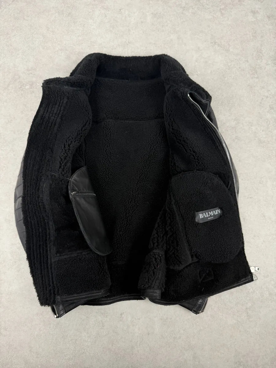 Balmain Black Crocodile Leather Aviator Shearling Jacket  qvApQVj 11