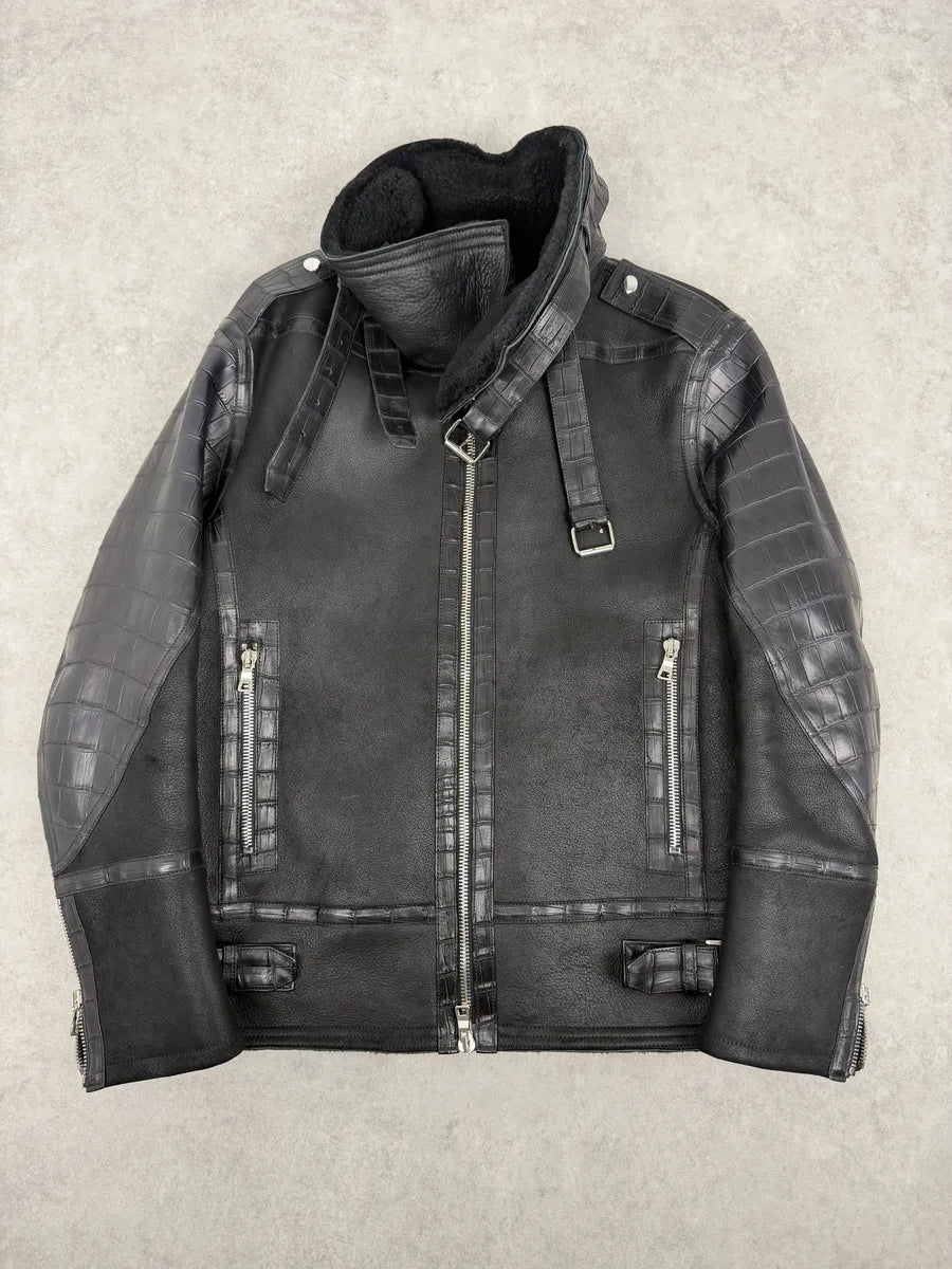 Balmain Black Crocodile Leather Aviator Shearling Jacket  qvApQVj 2