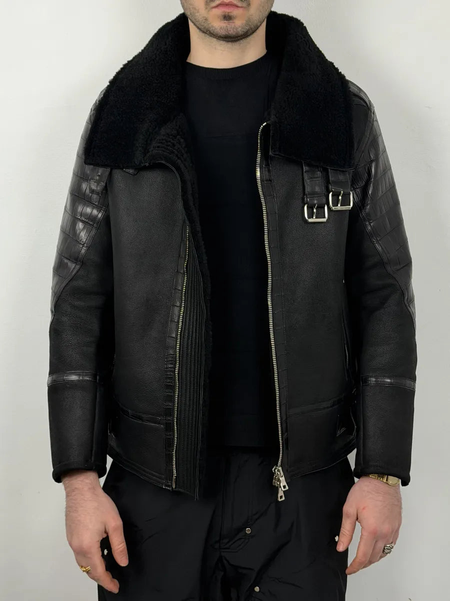 Balmain Black Crocodile Leather Aviator Shearling Jacket  qvApQVj 4