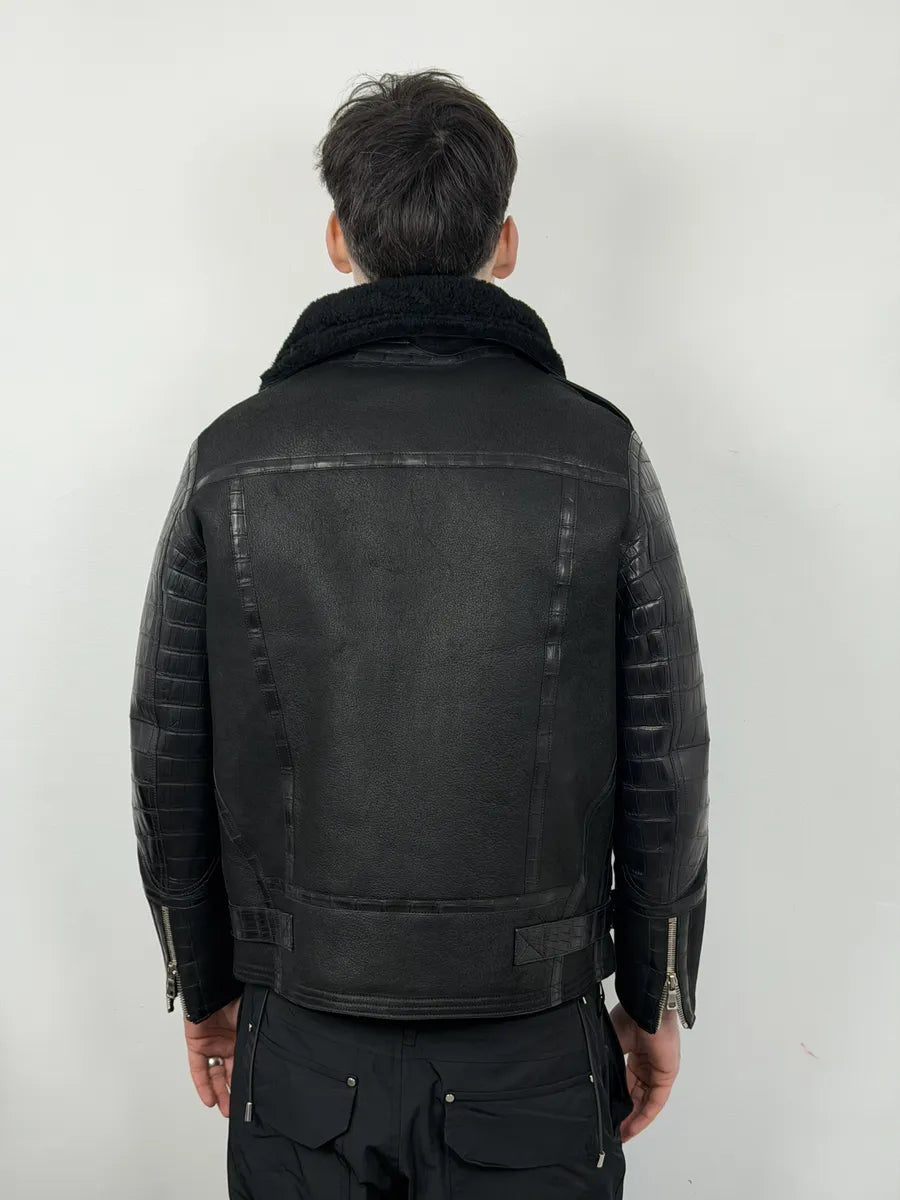 Balmain Black Crocodile Leather Aviator Shearling Jacket  qvApQVj 5