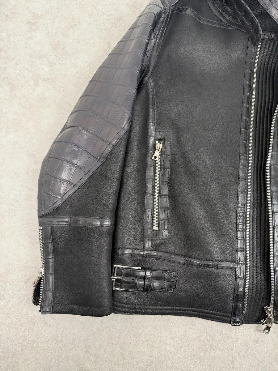 Balmain Black Crocodile Leather Aviator Shearling Jacket  qvApQVj 6