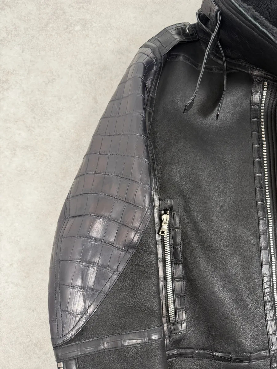 Balmain Black Crocodile Leather Aviator Shearling Jacket  qvApQVj 7