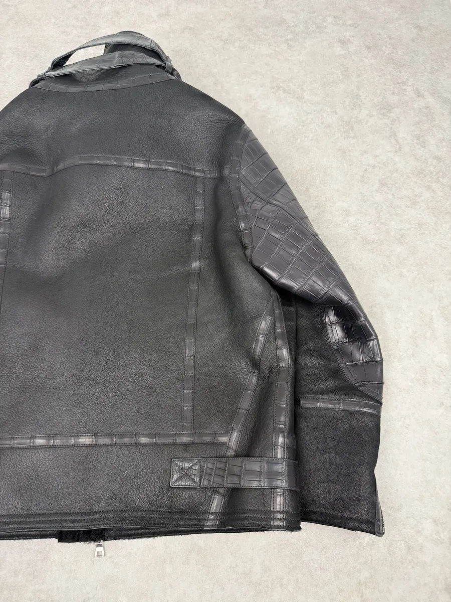 Balmain Black Crocodile Leather Aviator Shearling Jacket  qvApQVj 8