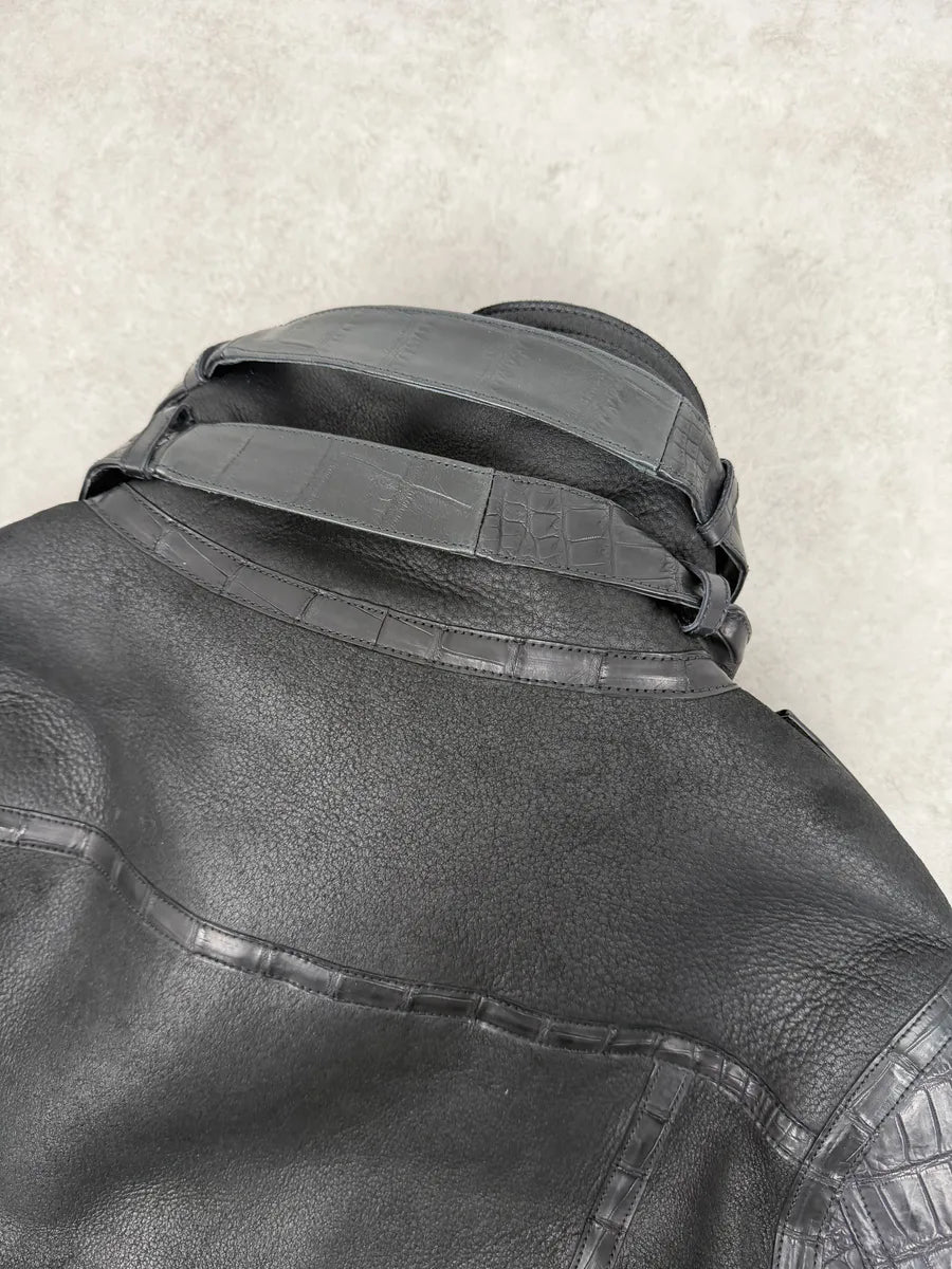 Balmain Black Crocodile Leather Aviator Shearling Jacket  qvApQVj 9