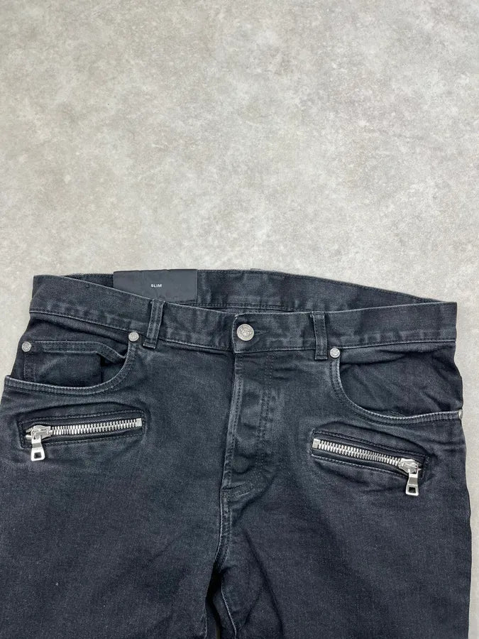 Balmain Black Denim Moto Biker Denim Jeans BnKKjQD 5