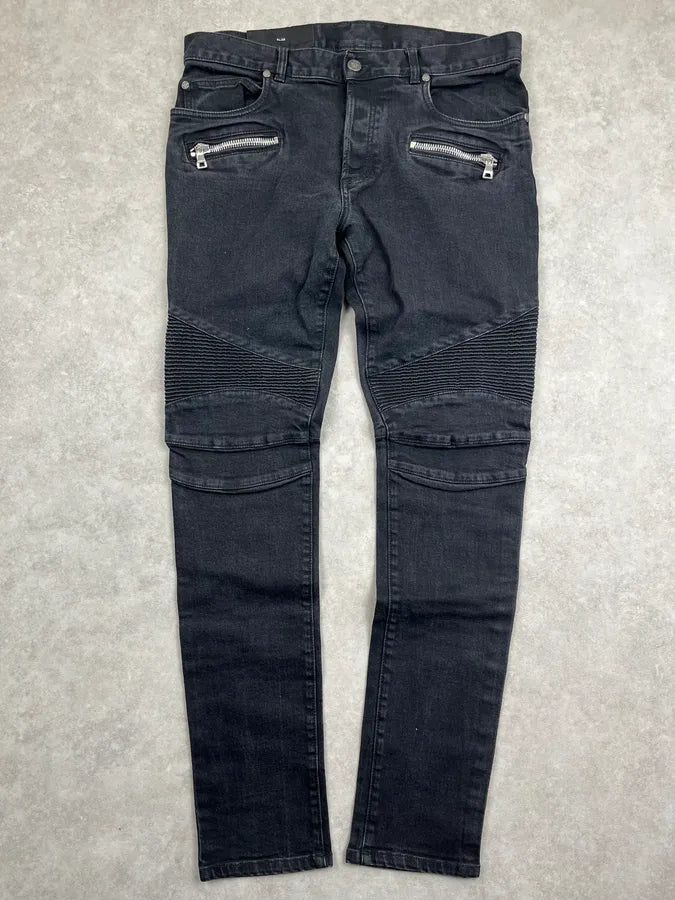 Balmain Black Denim Moto Biker Denim Jeans BnKKjQD 0