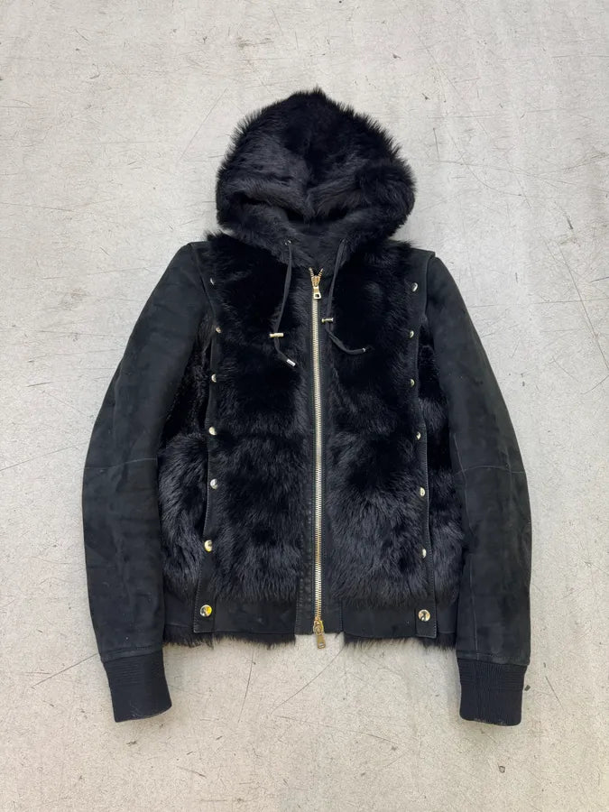 Balmain Black Fur Leather Hooded Buttoned Jacket yZWwIIA 0
